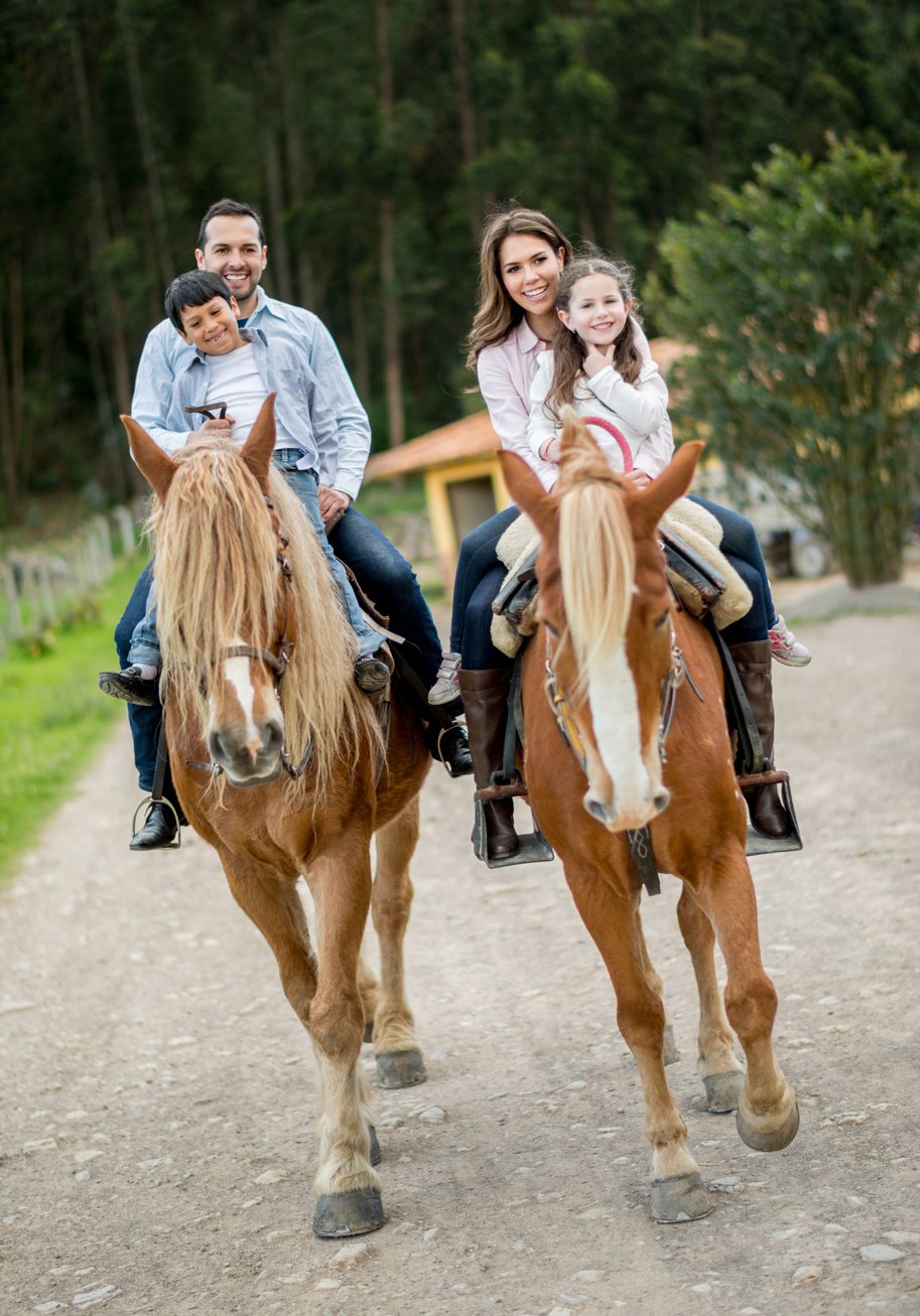 Happy family riding horses